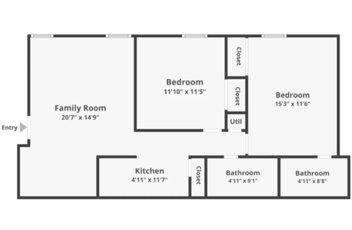 Floor plan diagram: two bedrooms with open family room and kitchen