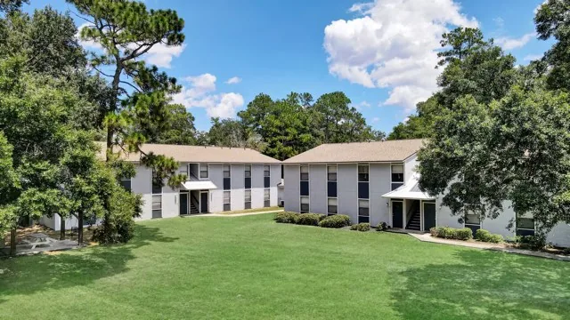 Buildings across the open lawn